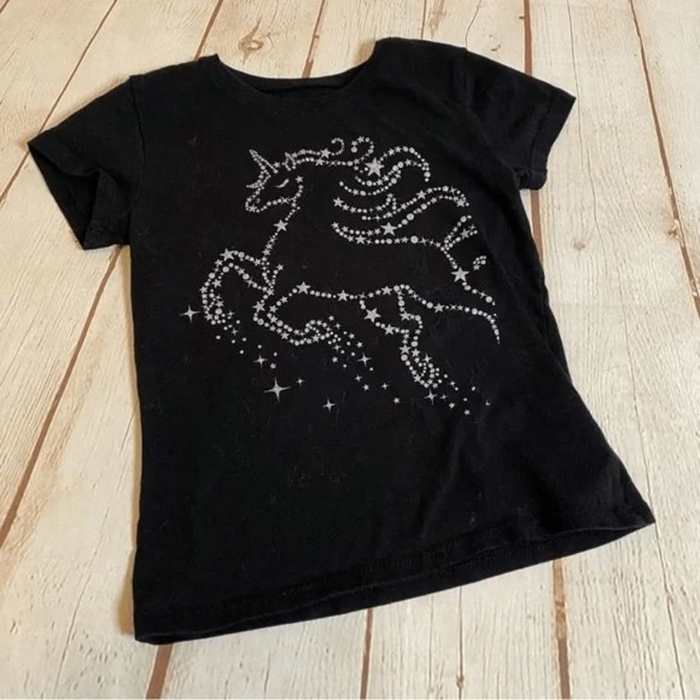 Children's Place Black and Silver Glittery Shiny Unicorn Flying Tee Shirt